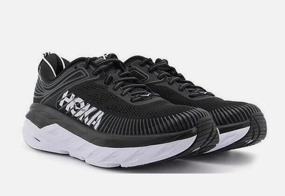 Hoka One One 7.5 Womens Bondi 7 Black White Athletic Running Shoes Sneakers